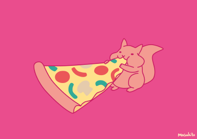 squirrel eating a huge pizza